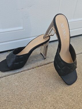 XOXO Black Quilted Slide Sandals with Clear Block Heel